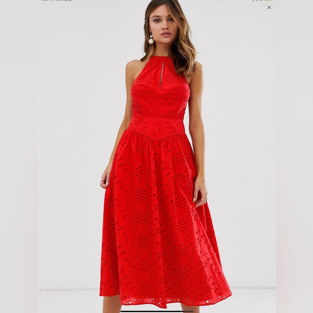 Embroidered midi skater prom dress eyelet red
